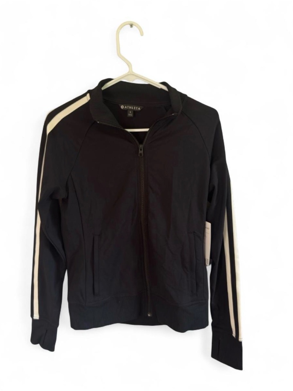Athleta Black Bomber Jacket with White Sleeve Stripes